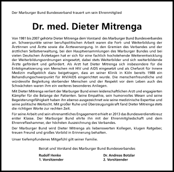 Anzeige von Dr. med. Dieter Mitrenga von Kölner Stadt-Anzeiger / Kölnische Rundschau / Express
