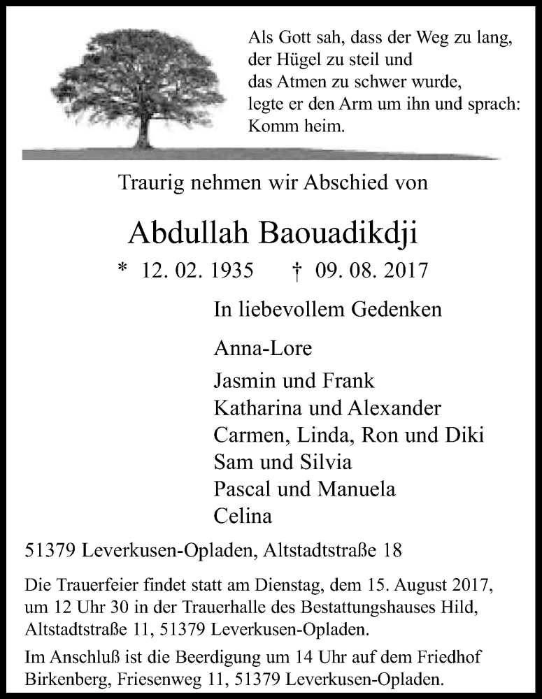  Traueranzeige für Abdullah Baouadikdji vom 12.08.2017 aus Kölner Stadt-Anzeiger / Kölnische Rundschau / Express