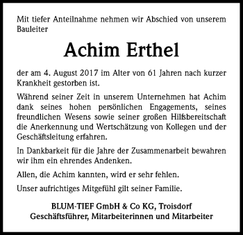 Anzeige von Achim Erthel von Kölner Stadt-Anzeiger / Kölnische Rundschau / Express