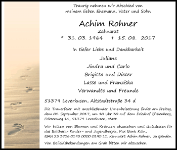 Anzeige von Achim Rohner von Kölner Stadt-Anzeiger / Kölnische Rundschau / Express