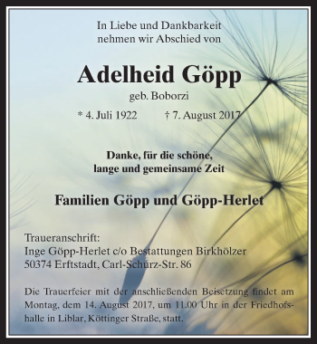 Anzeige von Adelheid Göpp von  Sonntags-Post 