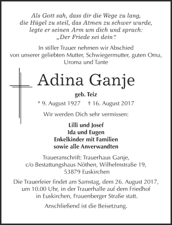 Anzeige von Adina Ganje von  Blickpunkt Euskirchen 