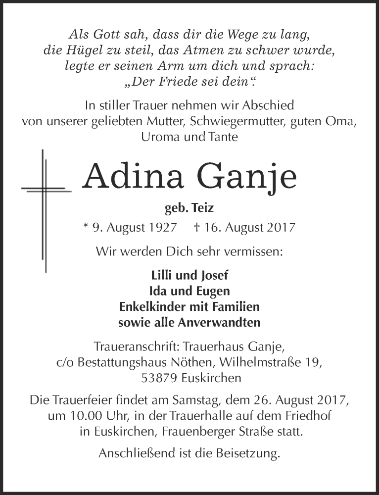  Traueranzeige für Adina Ganje vom 19.08.2017 aus  Blickpunkt Euskirchen 