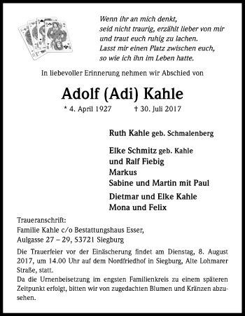 Anzeige von Adolf Kahle von Kölner Stadt-Anzeiger / Kölnische Rundschau / Express