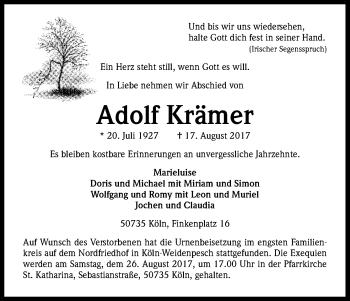 Anzeige von Adolf Krämer von Kölner Stadt-Anzeiger / Kölnische Rundschau / Express