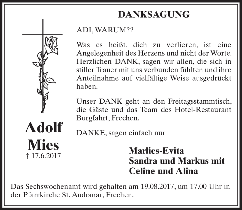  Traueranzeige für Adolf Mies vom 12.08.2017 aus  Sonntags-Post 
