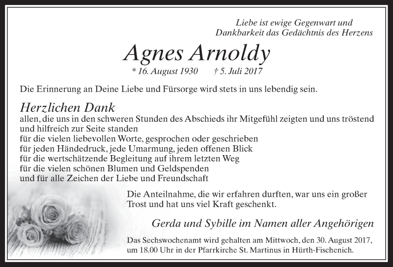  Traueranzeige für Agnes Arnoldy vom 23.08.2017 aus  Wochenende 