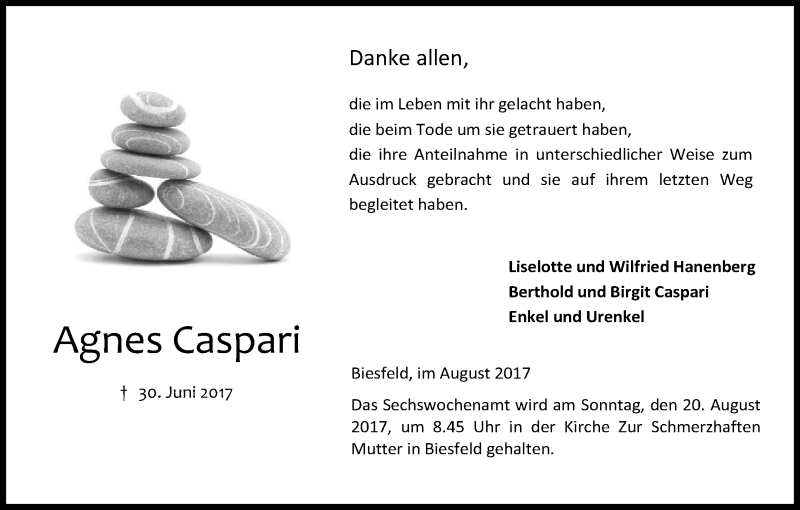  Traueranzeige für Agnes Caspari vom 12.08.2017 aus Kölner Stadt-Anzeiger / Kölnische Rundschau / Express