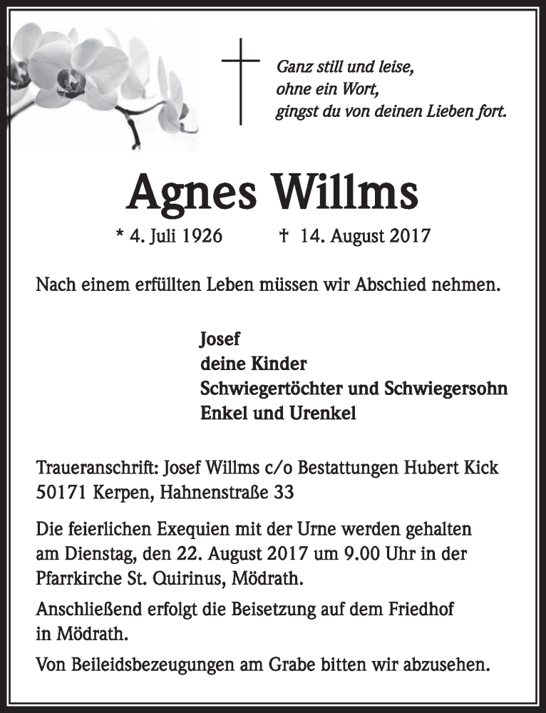  Traueranzeige für Agnes Willms vom 19.08.2017 aus  Sonntags-Post 