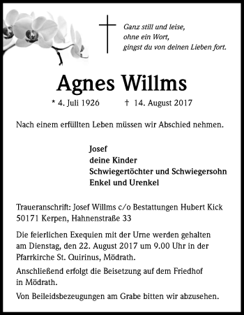 Anzeige von Agnes Willms von Kölner Stadt-Anzeiger / Kölnische Rundschau / Express