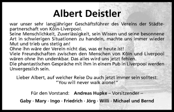 Anzeige von Albert Deistler von Kölner Stadt-Anzeiger / Kölnische Rundschau / Express