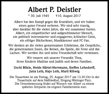 Anzeige von Albert P. Deistler von Kölner Stadt-Anzeiger / Kölnische Rundschau / Express