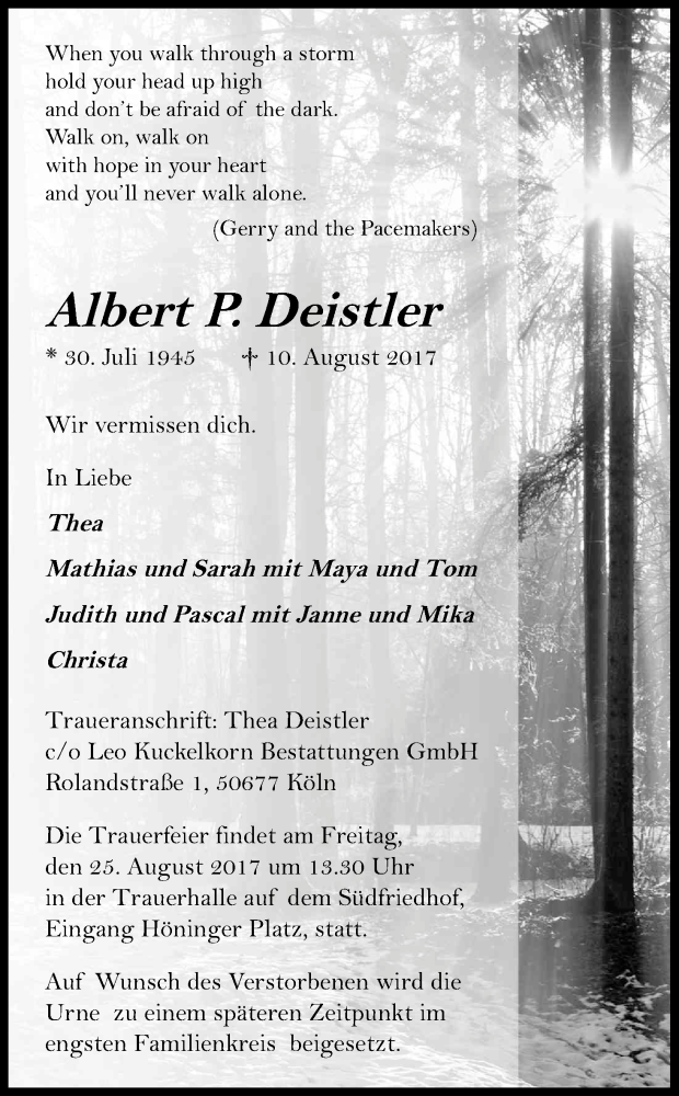  Traueranzeige für Albert P. Deistler vom 19.08.2017 aus Kölner Stadt-Anzeiger / Kölnische Rundschau / Express