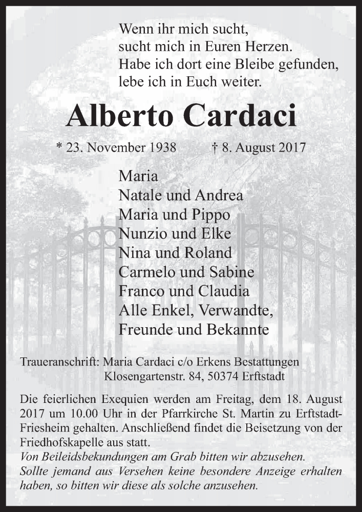  Traueranzeige für Alberto Cardaci vom 16.08.2017 aus  Werbepost 