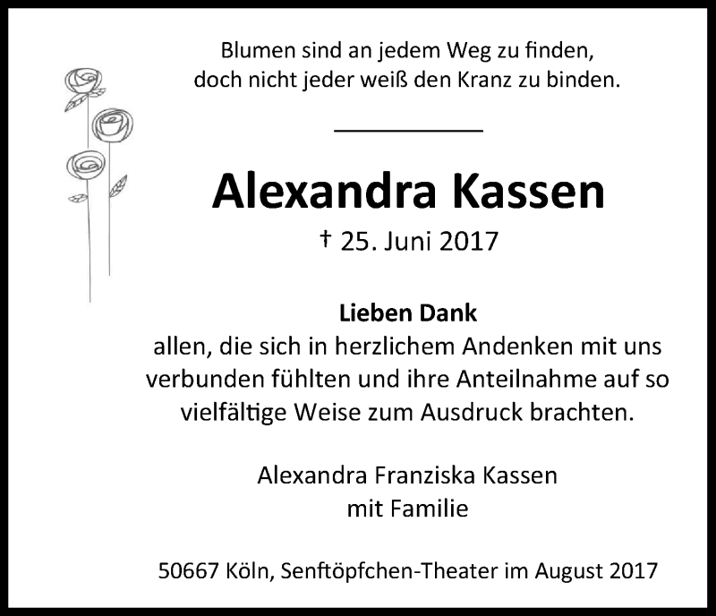  Traueranzeige für Alexandra Kassen vom 19.08.2017 aus Kölner Stadt-Anzeiger / Kölnische Rundschau / Express