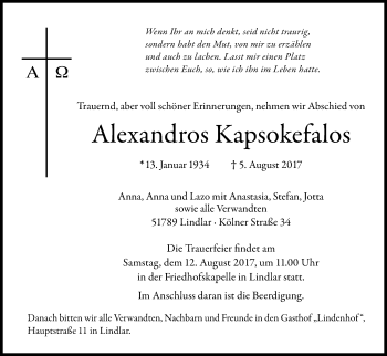 Anzeige von Alexandros Kapsokefalos von Kölner Stadt-Anzeiger / Kölnische Rundschau / Express