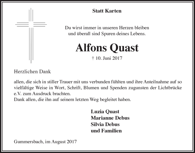  Traueranzeige für Alfons Quast vom 09.08.2017 aus  Anzeigen Echo 