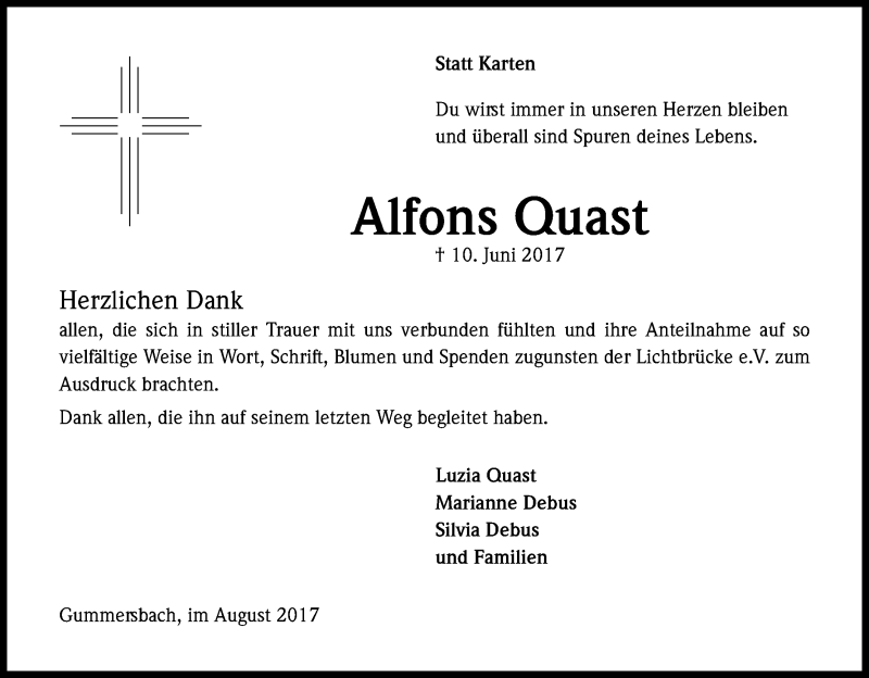  Traueranzeige für Alfons Quast vom 05.08.2017 aus Kölner Stadt-Anzeiger / Kölnische Rundschau / Express