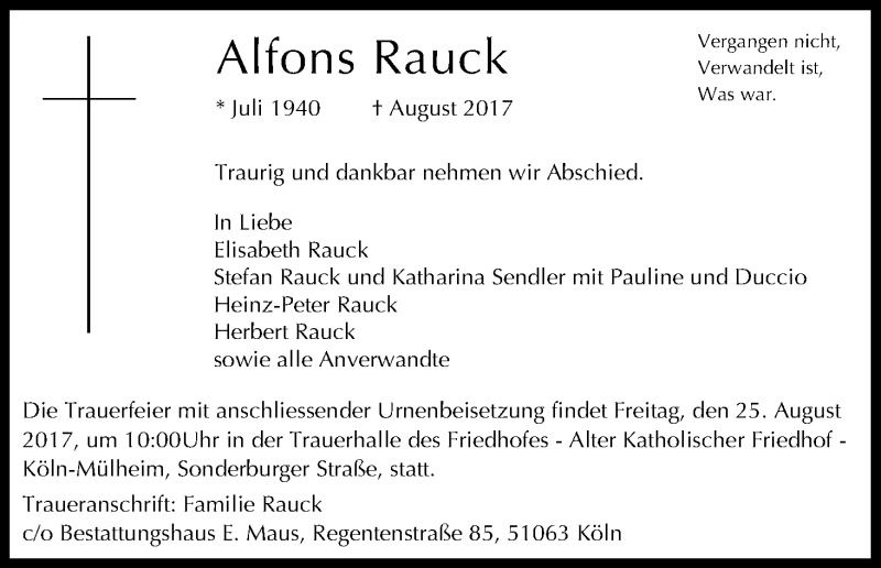  Traueranzeige für Alfons Rauck vom 19.08.2017 aus Kölner Stadt-Anzeiger / Kölnische Rundschau / Express