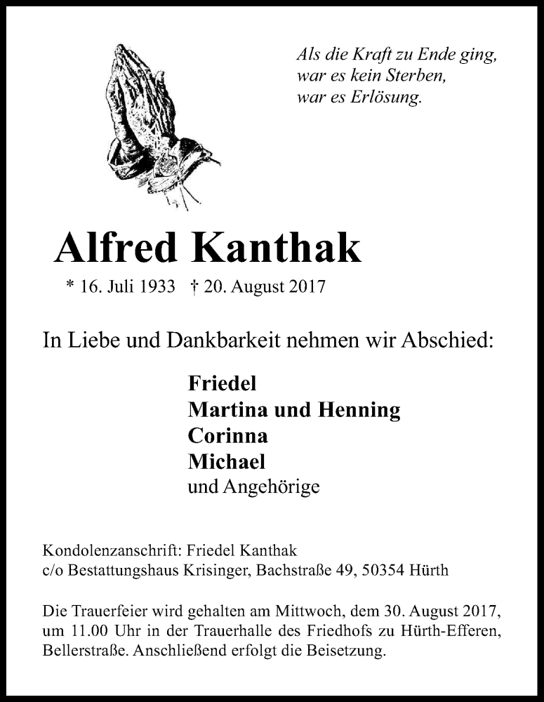  Traueranzeige für Alfred Kanthak vom 26.08.2017 aus Kölner Stadt-Anzeiger / Kölnische Rundschau / Express