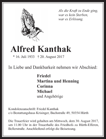 Anzeige von Alfred Kanthak von  Sonntags-Post 