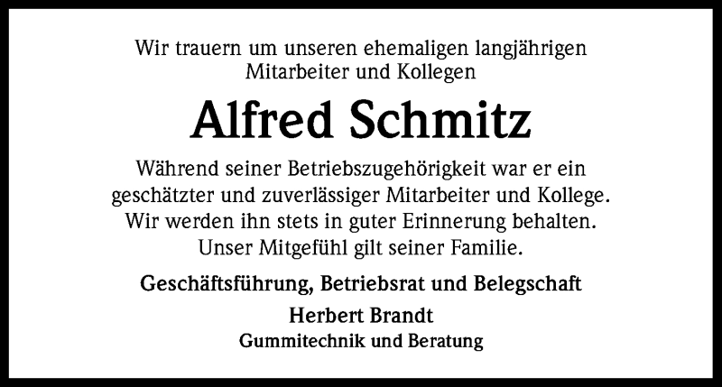  Traueranzeige für Alfred Schmitz vom 01.09.2017 aus Kölner Stadt-Anzeiger / Kölnische Rundschau / Express