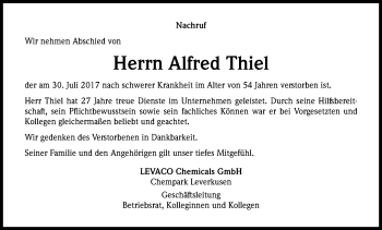 Anzeige von Alfred Thiel von Kölner Stadt-Anzeiger / Kölnische Rundschau / Express