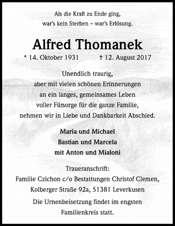 Anzeige von Alfred Thomanek von Kölner Stadt-Anzeiger / Kölnische Rundschau / Express