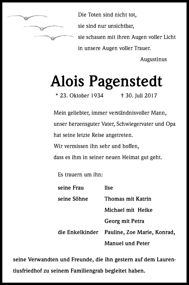  Traueranzeige für Alois Pagenstedt vom 09.08.2017 aus Kölner Stadt-Anzeiger / Kölnische Rundschau / Express