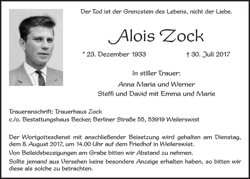 Traueranzeige für Alois Zock vom 05.08.2017 aus  Blickpunkt Euskirchen 