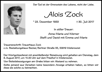Anzeige von Alois Zock von Kölner Stadt-Anzeiger / Kölnische Rundschau / Express