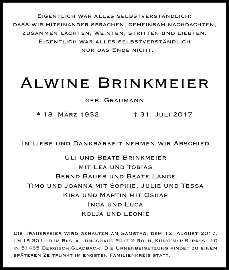  Traueranzeige für Alwine Brinkmeier vom 07.08.2017 aus Kölner Stadt-Anzeiger / Kölnische Rundschau / Express