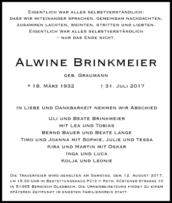 Anzeige von Alwine Brinkmeier von Kölner Stadt-Anzeiger / Kölnische Rundschau / Express