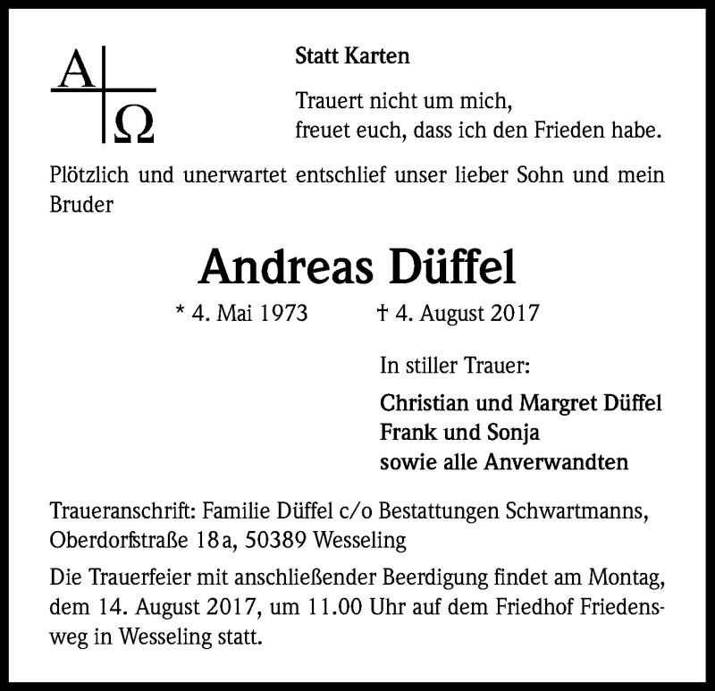  Traueranzeige für Andreas Düffel vom 09.08.2017 aus Kölner Stadt-Anzeiger / Kölnische Rundschau / Express