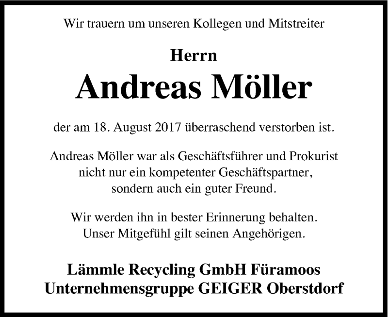  Traueranzeige für Andreas Möller vom 26.08.2017 aus Kölner Stadt-Anzeiger / Kölnische Rundschau / Express