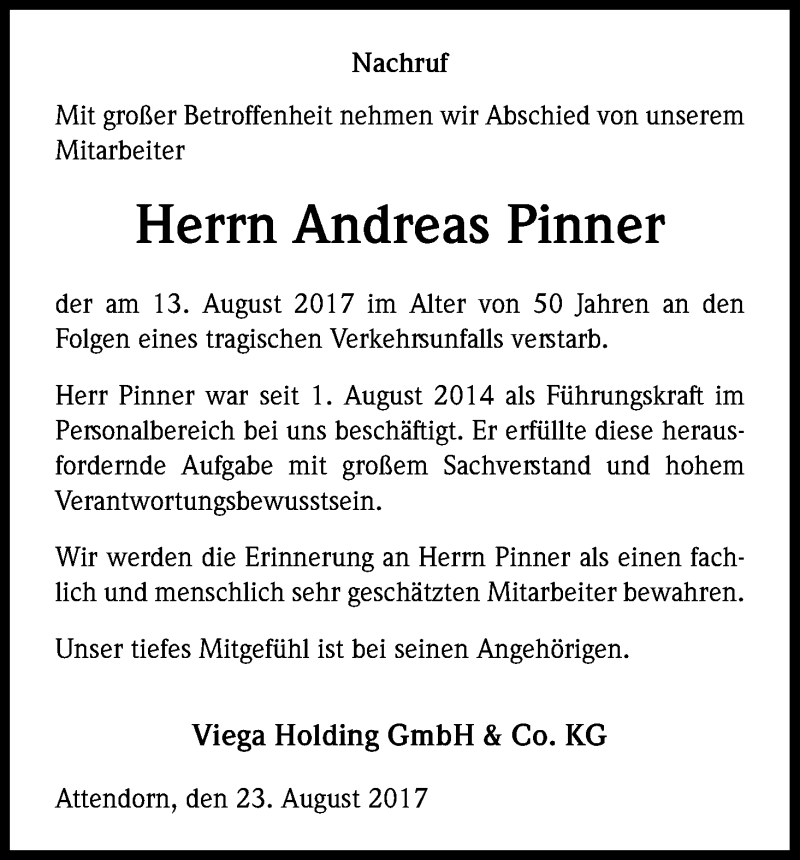  Traueranzeige für Andreas Pinner vom 23.08.2017 aus Kölner Stadt-Anzeiger / Kölnische Rundschau / Express