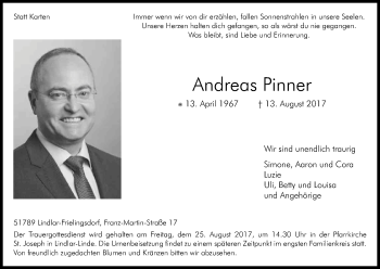 Anzeige von Andreas Pinner von Kölner Stadt-Anzeiger / Kölnische Rundschau / Express