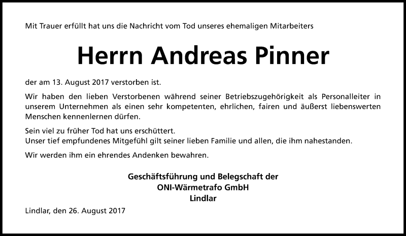  Traueranzeige für Andreas Pinner vom 26.08.2017 aus Kölner Stadt-Anzeiger / Kölnische Rundschau / Express