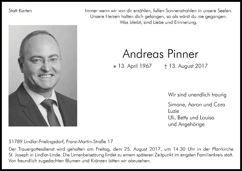  Traueranzeige für Andreas Pinner vom 19.08.2017 aus Kölner Stadt-Anzeiger / Kölnische Rundschau / Express