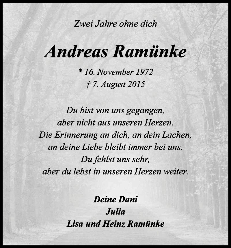  Traueranzeige für Andreas Ramünke vom 07.08.2017 aus Kölner Stadt-Anzeiger / Kölnische Rundschau / Express