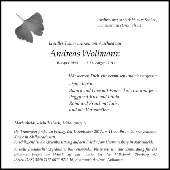 Anzeige von Andreas Wollmann von  Anzeigen Echo 