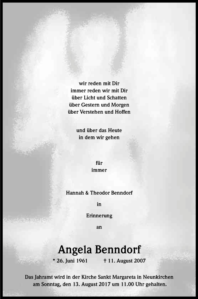  Traueranzeige für Angela Benndorf vom 11.08.2017 aus Kölner Stadt-Anzeiger / Kölnische Rundschau / Express