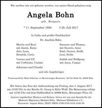 Anzeige von Angela Bohn von Kölner Stadt-Anzeiger / Kölnische Rundschau / Express