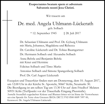 Anzeige von Angela Uhlmann-Lückerath von Kölner Stadt-Anzeiger / Kölnische Rundschau / Express