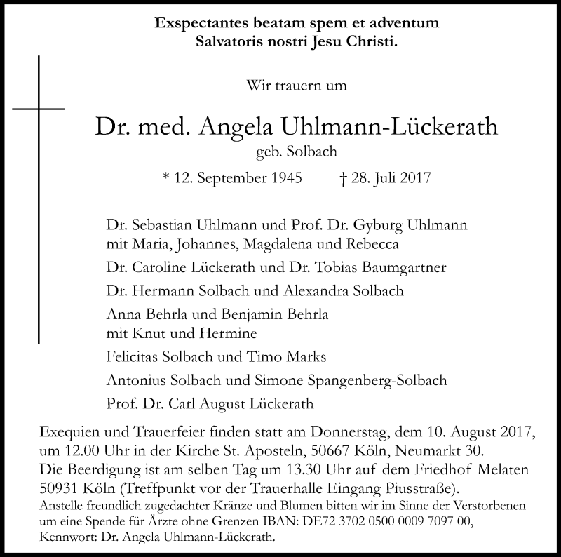  Traueranzeige für Angela Uhlmann-Lückerath vom 05.08.2017 aus Kölner Stadt-Anzeiger / Kölnische Rundschau / Express