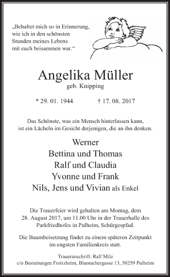 Anzeige von Angelika Müller von  Wochenende 