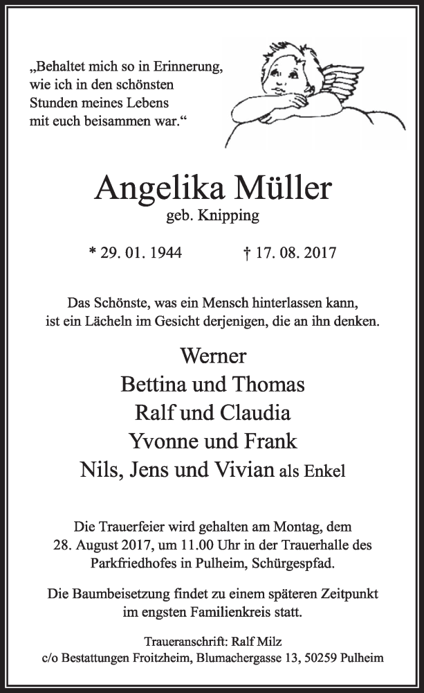  Traueranzeige für Angelika Müller vom 26.08.2017 aus  Sonntags-Post 