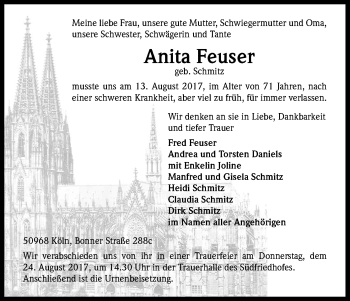 Anzeige von Anita Feuser von Kölner Stadt-Anzeiger / Kölnische Rundschau / Express