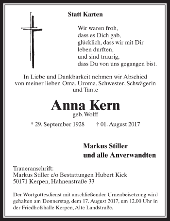 Anzeige von Anna Kern von  Wochenende 