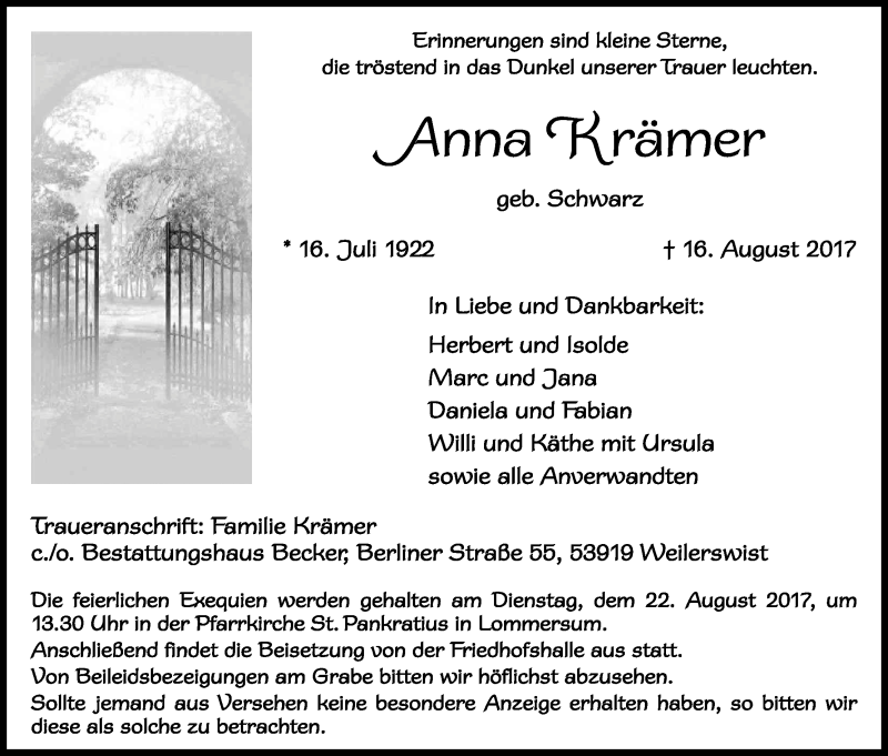  Traueranzeige für Anna Krämer vom 19.08.2017 aus Kölner Stadt-Anzeiger / Kölnische Rundschau / Express